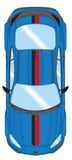 Car with black and red vinyl racing stripes decal kit on hood, roof and trunk
Top-down view of a blue car with red and black stripes on a white background