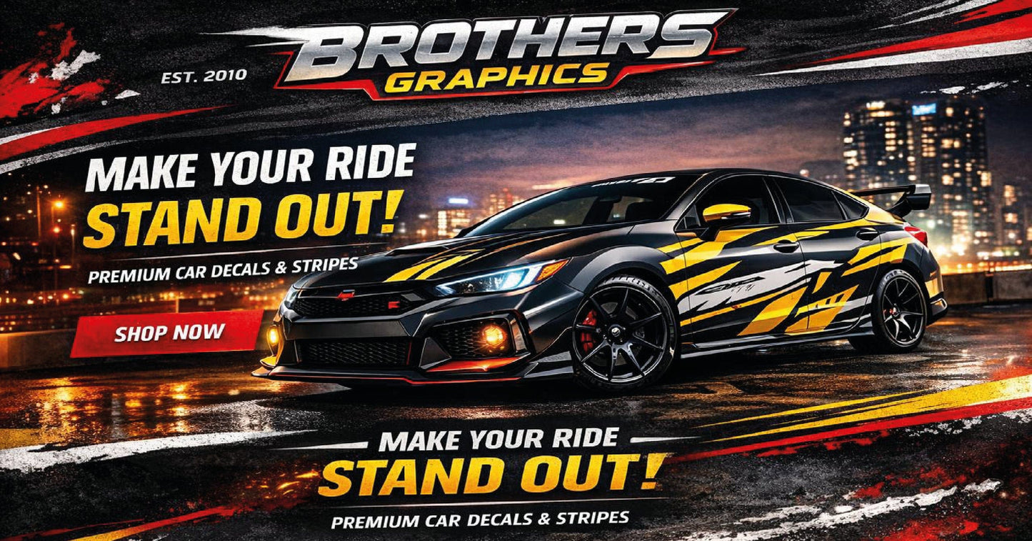 Promotional advertisement for Brothers Graphics car decals and stripes with a black and yellow striped car on a city street at night.