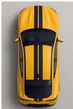 Yellow car with black stripes on a light gray background