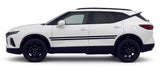 White SUV with black roof and side stripes on a white background