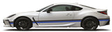 White sports car with blue stripes on a white background