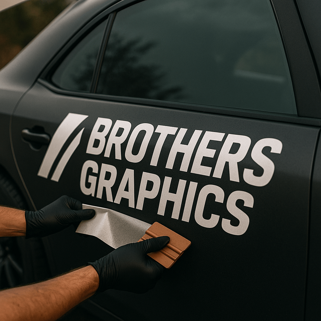 Person applying 'Brothers Graphics' vinyl decal to a car.