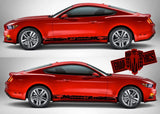Black sport decal stripes running along the side of a red Ford Mustang