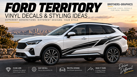 Ford Territory SUV with black plotter-cut vinyl side decals showcasing styling ideas for different model generations.