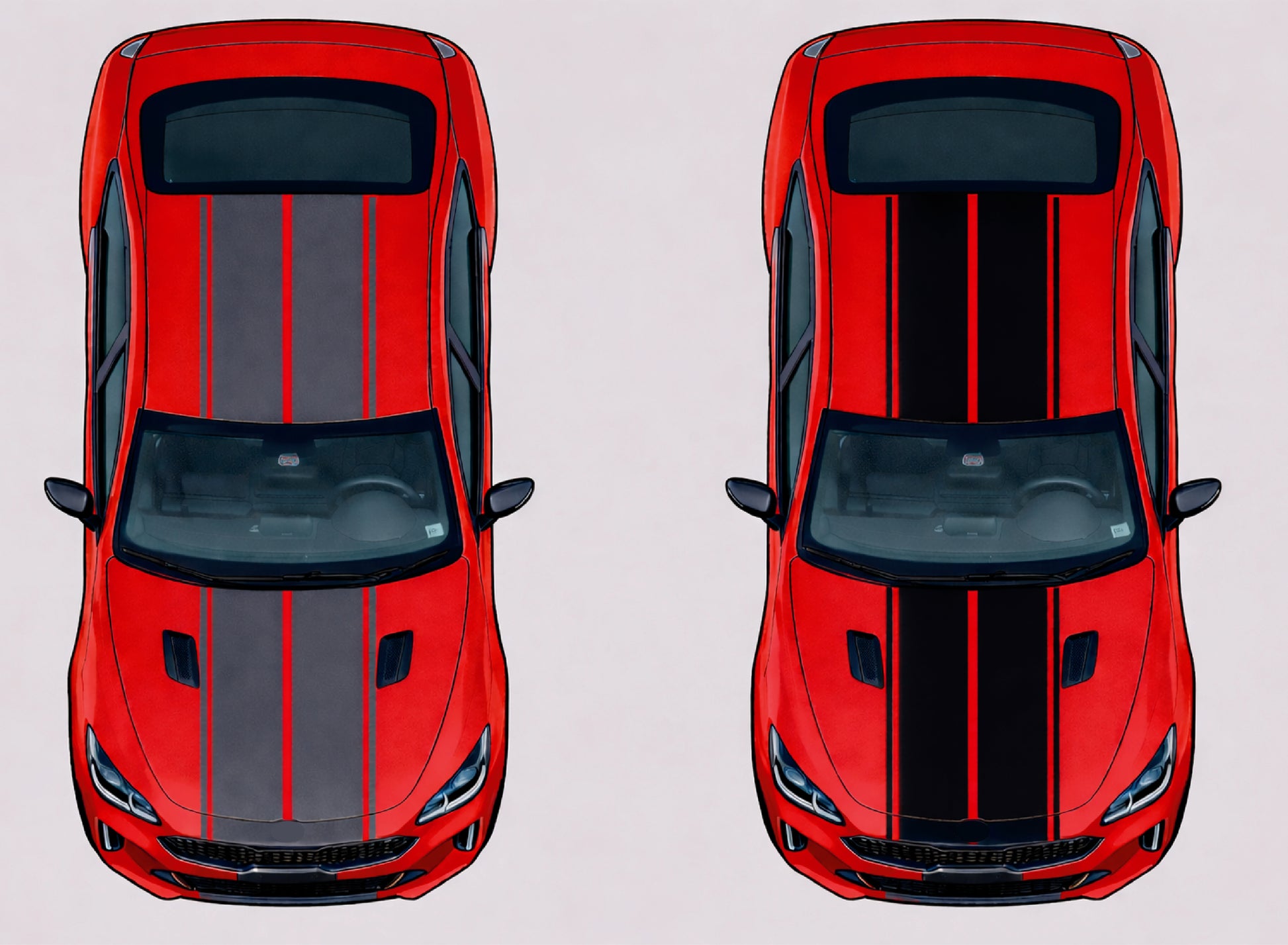 Top-down view of a red car with black and gray stripes on a white background