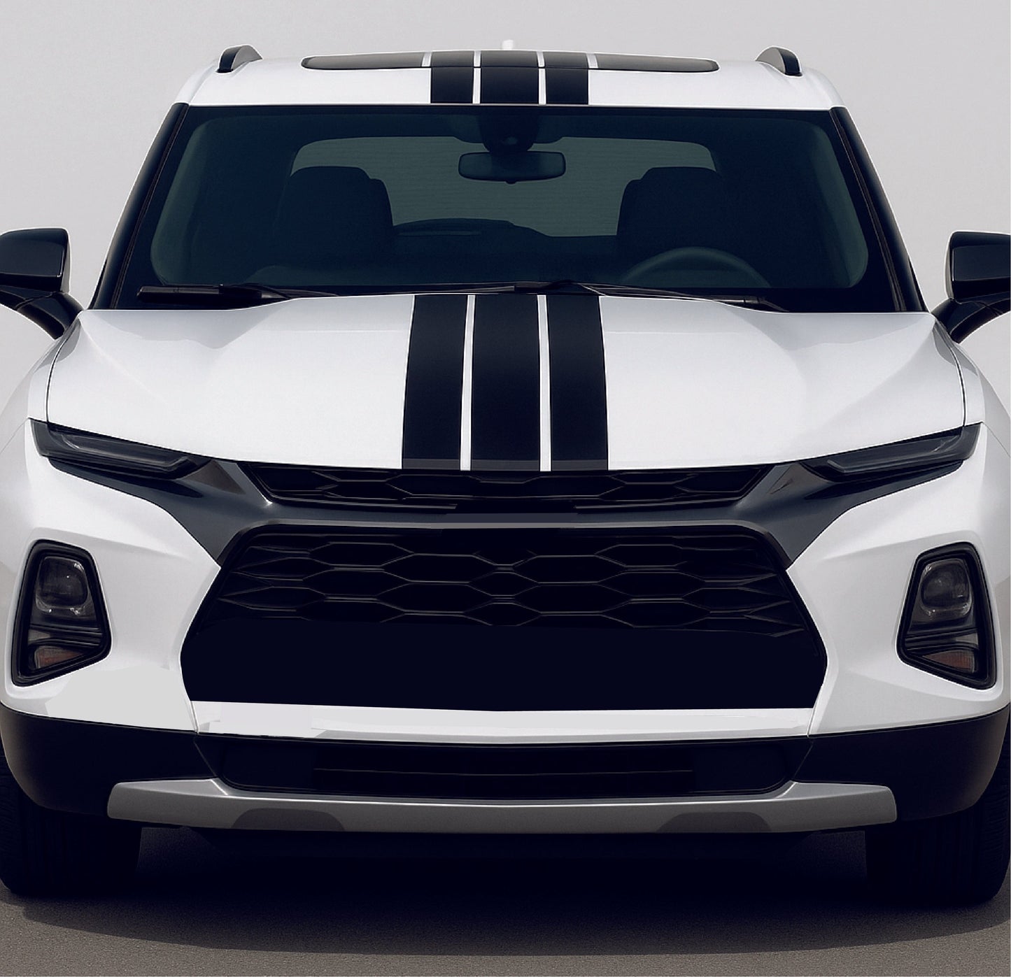 White SUV with black stripes on a gray background