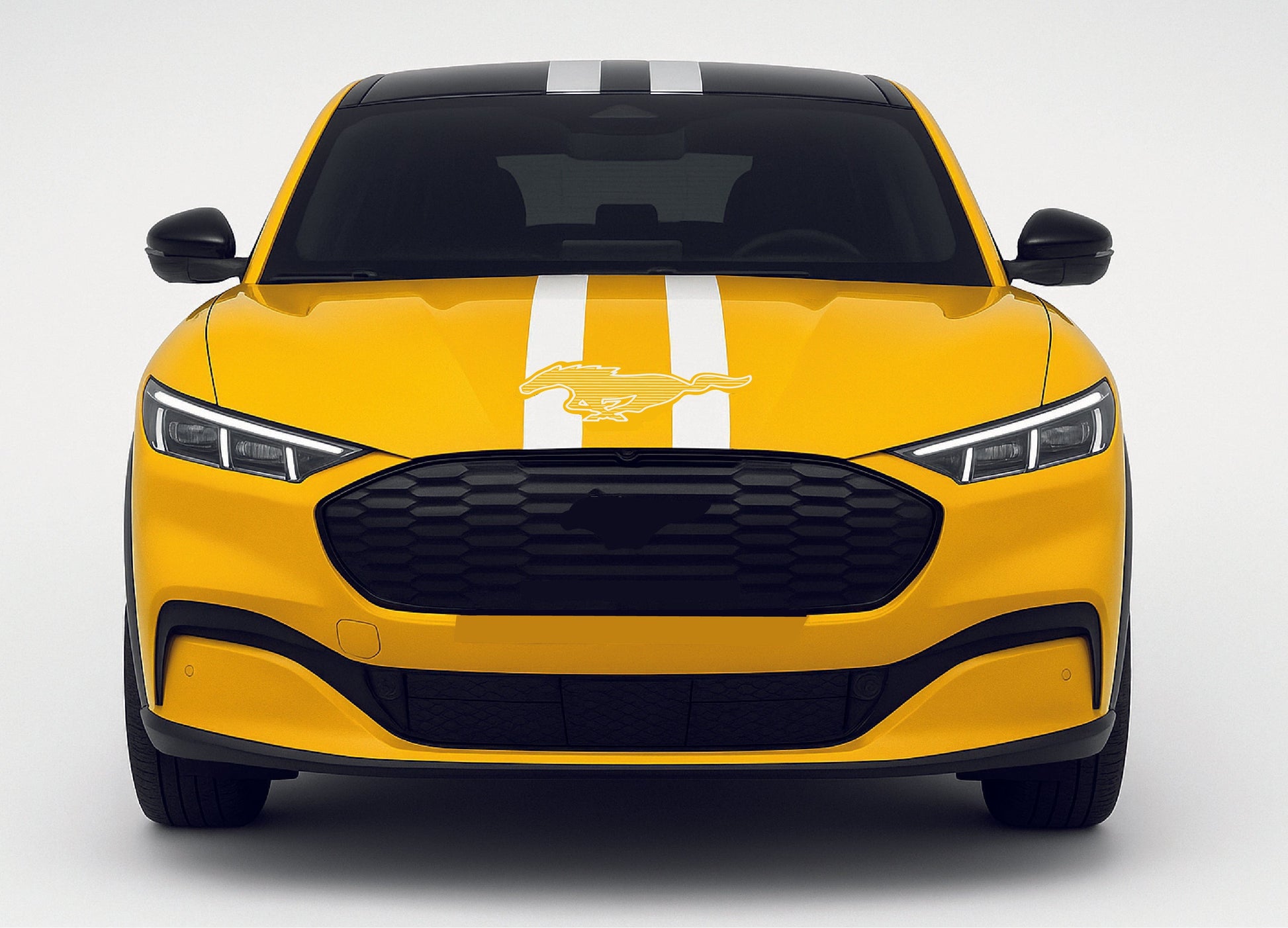 Yellow car with a black grille and white stripes on a white background