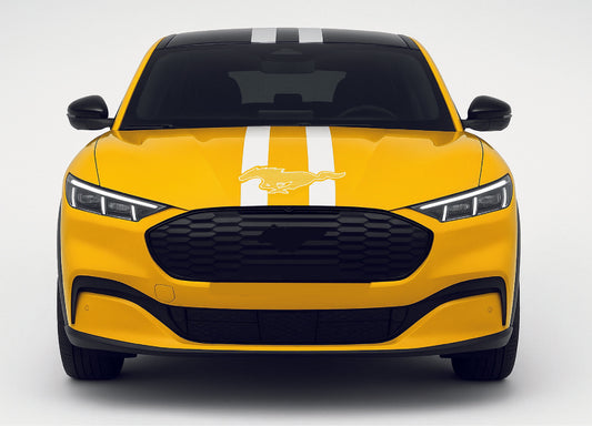 Yellow car with a black grille and white stripes on a white background