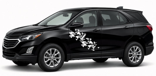A black Chevrolet SUV shown in a side profile view against a plain white background, featuring a white geometric pattern decal on the side door.