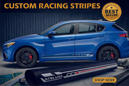 Blue car with custom racing stripes and a roll of Stelvio vinyl on a dark background