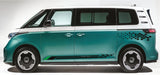Green and white van with black window frames on a gray background