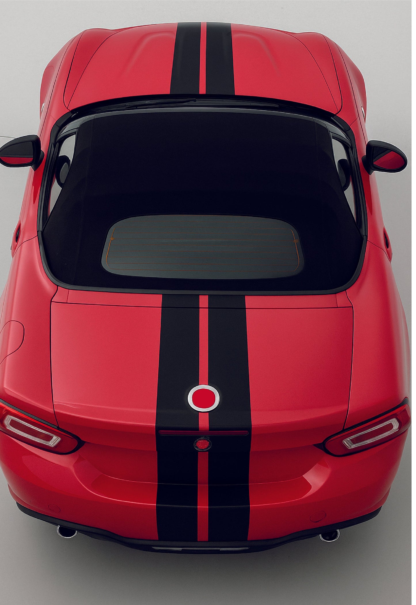 Red car with black stripes on a gray background