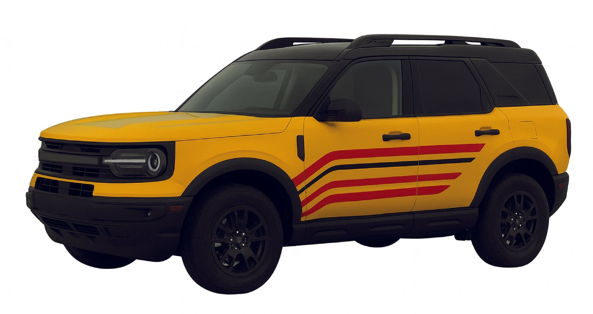 Yellow SUV with red stripes on a white background