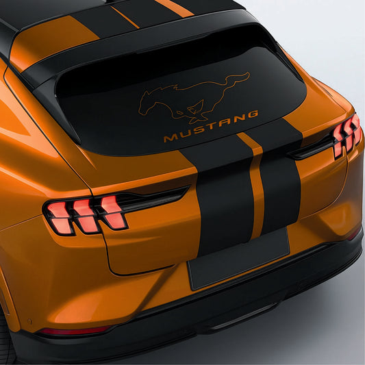 Orange Mustang car with black stripes on a gray background