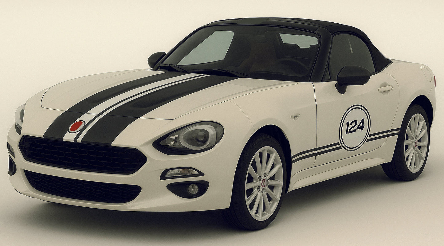 White convertible car with black stripes and number 124 on a white background