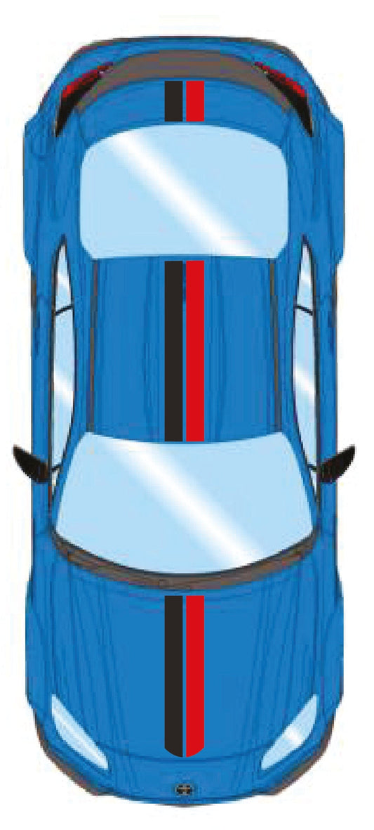 Car with black and red vinyl racing stripes decal kit on hood, roof and trunk
Top-down view of a blue car with red and black stripes on a white background