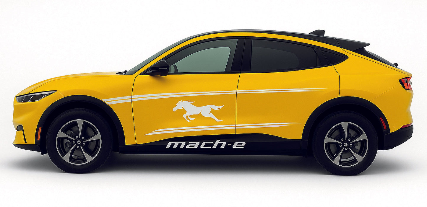 Yellow electric vehicle with 'mach-e' branding on a white background