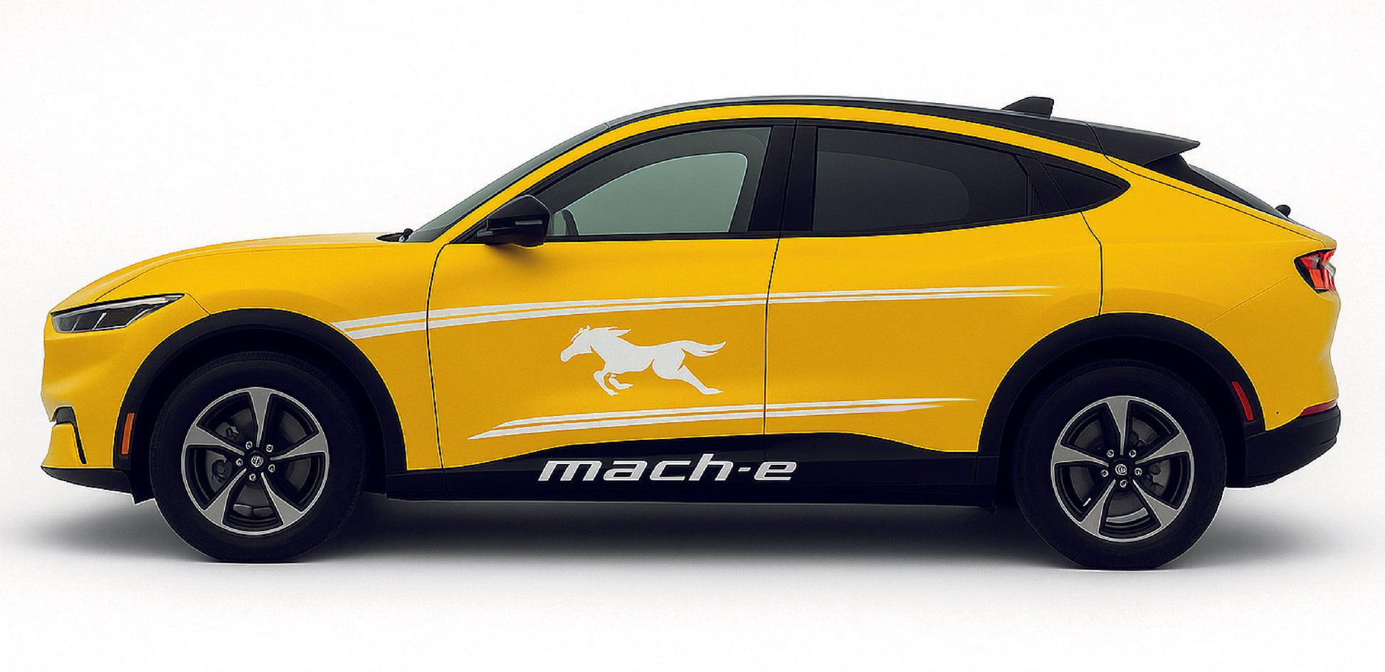 Yellow electric vehicle with 'mach-e' branding on a white background