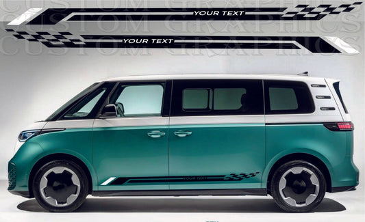 Green and white van with customizable text decals on a gray background