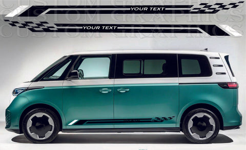 Green and white van with customizable text decals on a gray background