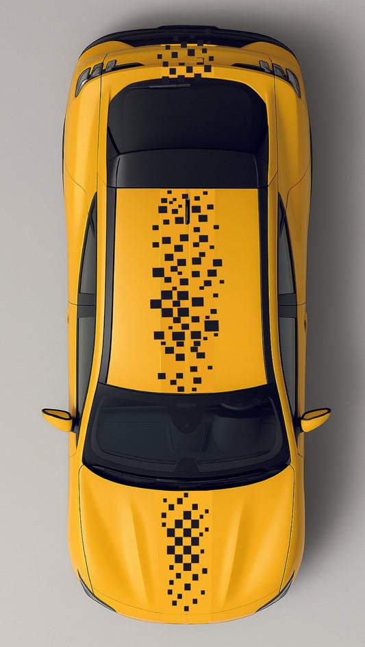 Top view of a yellow taxi with black roof and pixelated design on a gray background