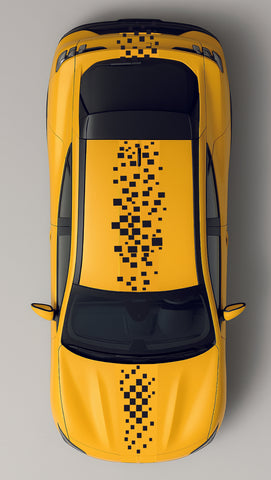 Top view of a yellow taxi with black roof and pixelated design on a gray background