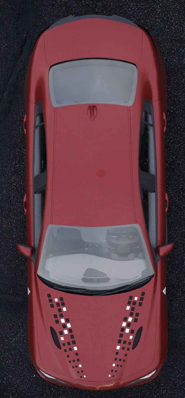 A top-down view of a red sports car parked on a dark asphalt surface, showing the hood with decorative black and white checkered patterns on the front.