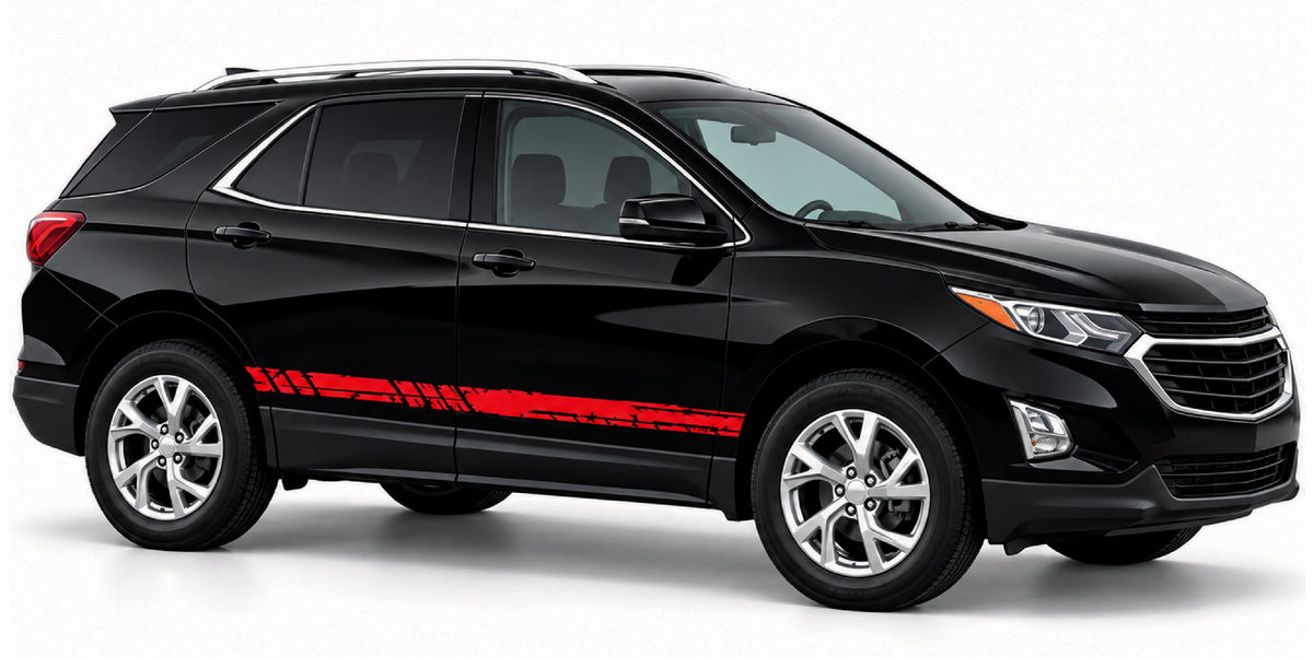 A black Chevrolet SUV with a red graphic stripe decal running along the side, shown from a three-quarter front angle against a white studio background.