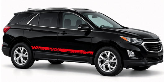 A black Chevrolet SUV with a red graphic stripe decal running along the side, shown from a three-quarter front angle against a white studio background.