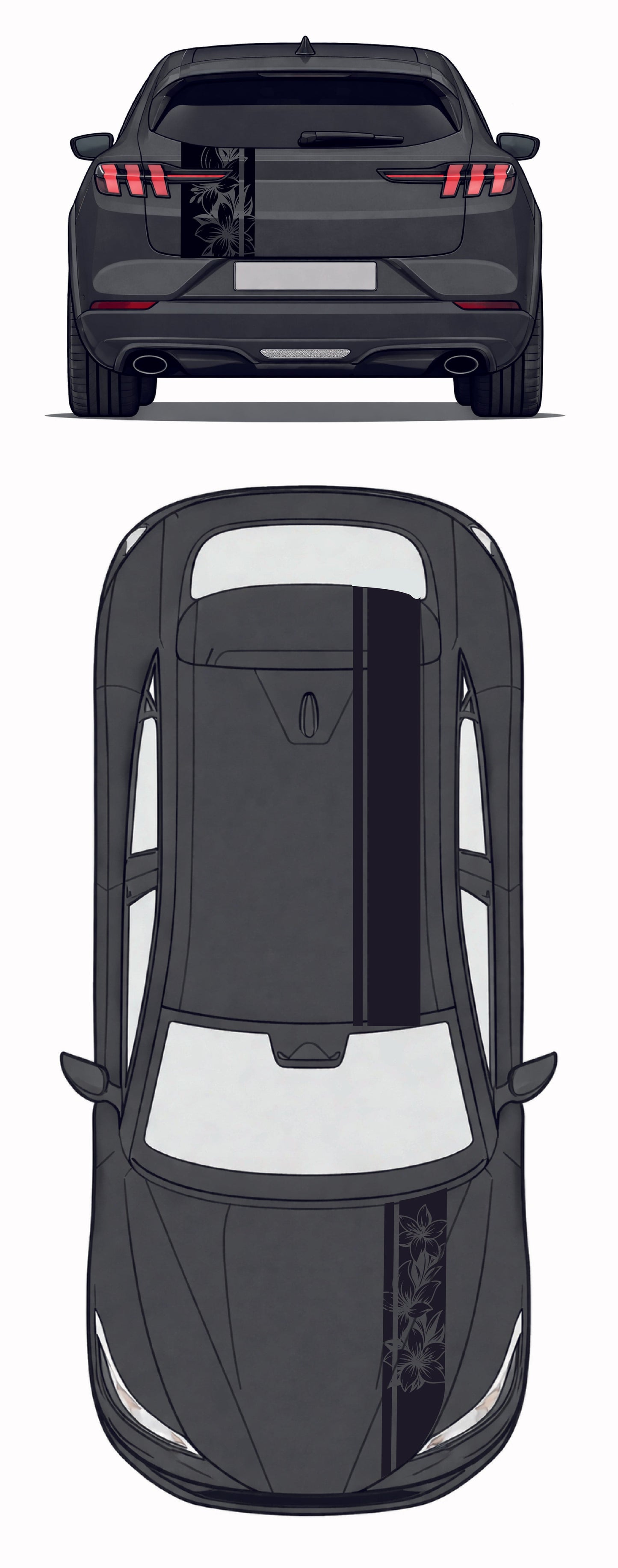 Top and side views of a black car seat with a white interior.