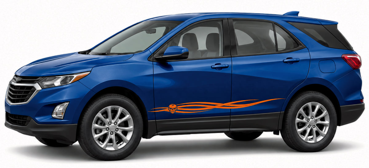 A blue Chevrolet SUV with a custom orange flame decal running along the lower side panel, shown against a plain white background.
