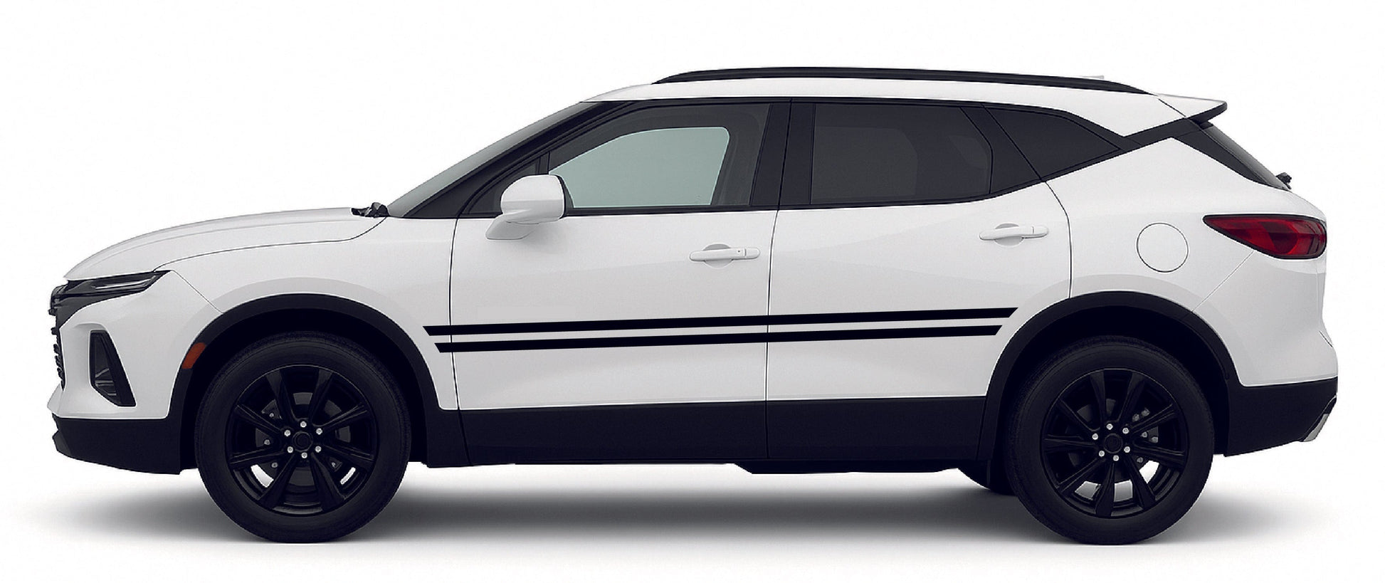 White SUV with black roof and side stripes on a white background