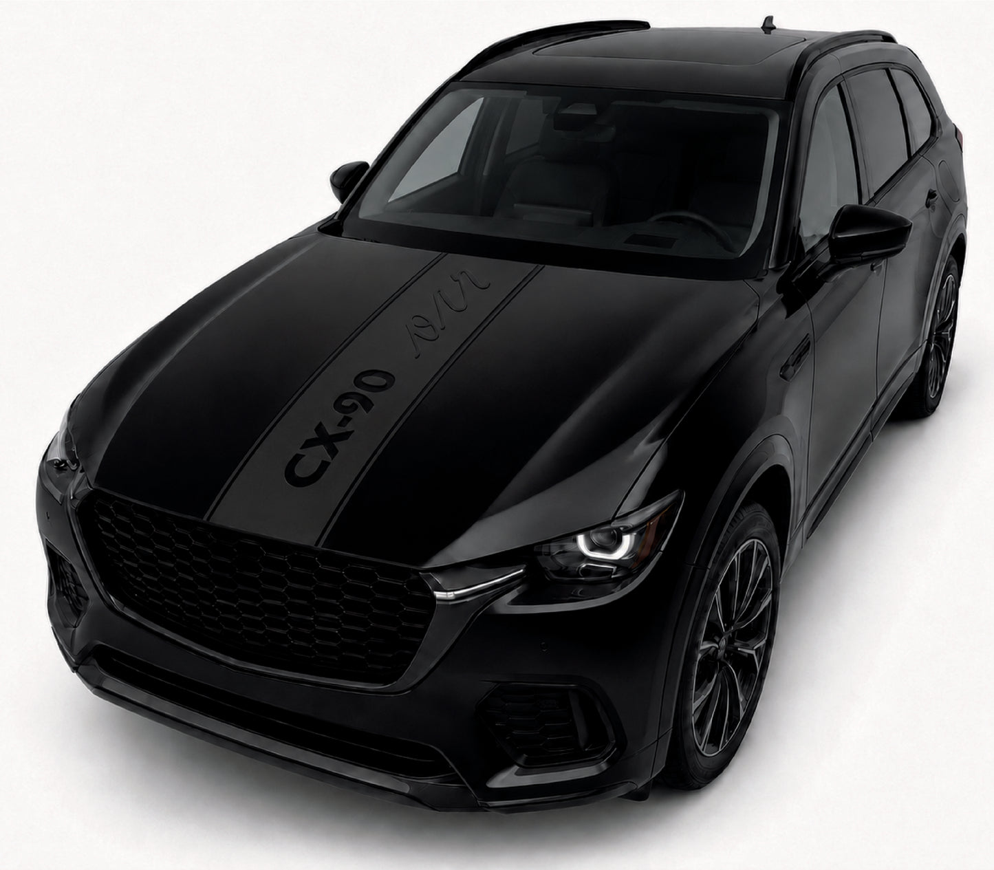 A glossy black SUV shown at a three-quarter front angle on a light gray studio background. The hood has two dark racing stripes with the text 'CX-90 AWD' printed on them.