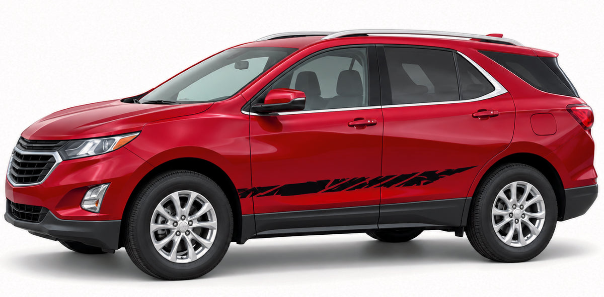 A red Chevrolet SUV with black side graphics and silver multi-spoke wheels, shown from a three-quarter front angle against a plain white background.