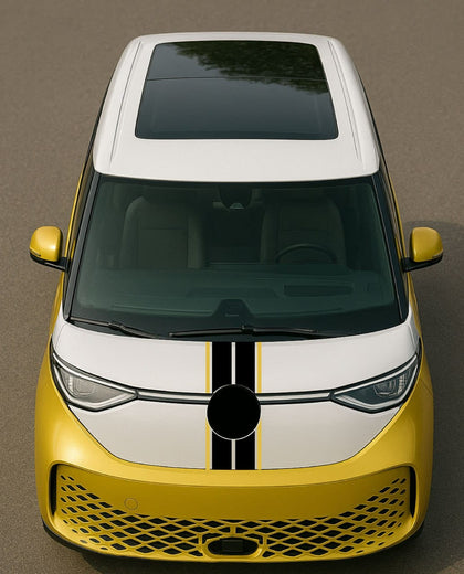 Yellow and white car with a black stripe on a brown background