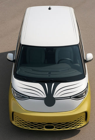 Top-down view of a van with a unique face design on the front