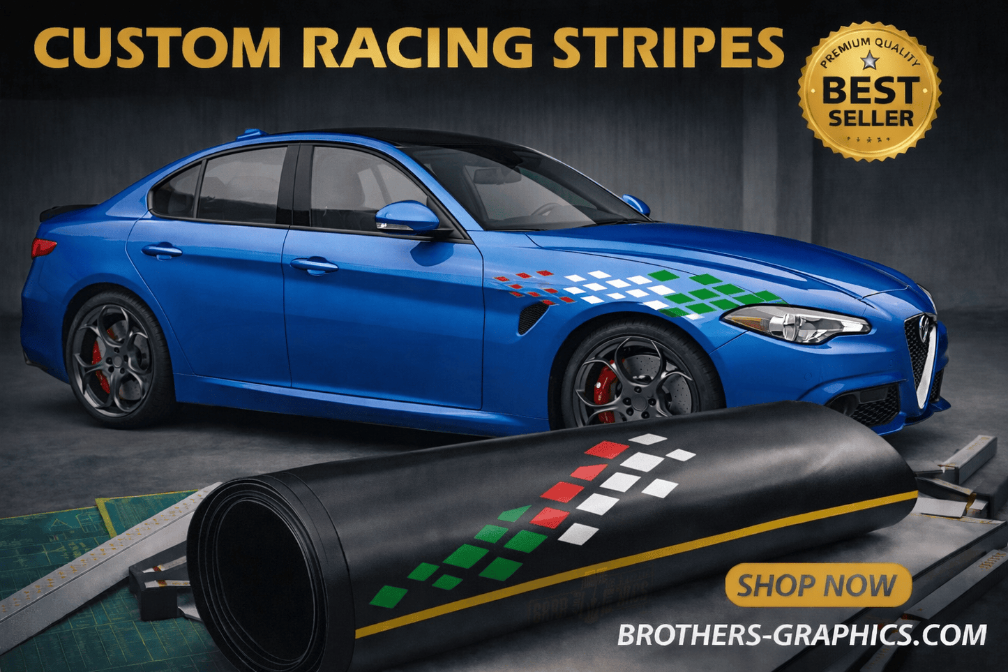 Custom racing stripe vinyl decals on a blue sport sedan, hood and fender graphic design, premium car wrap stickers, automotive styling kit