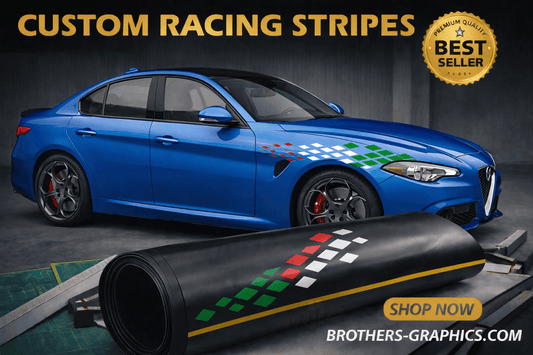 Custom racing stripe vinyl decals on a blue sport sedan, hood and fender graphic design, premium car wrap stickers, automotive styling kit
