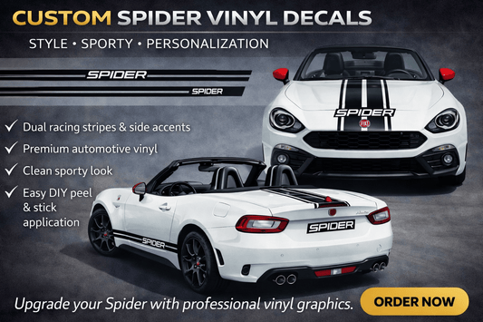 White car with black racing stripes featuring 'Spider' branding, promotional text for custom vinyl decals.