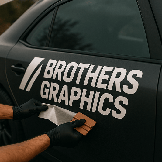 Person applying 'Brothers Graphics' vinyl decal to a car.