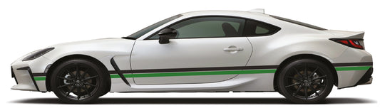 White sports car with green stripes on a white background