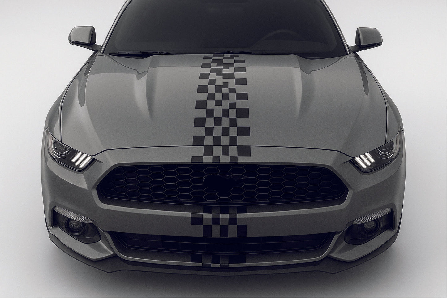 Gray car with black checkered stripe on a white background