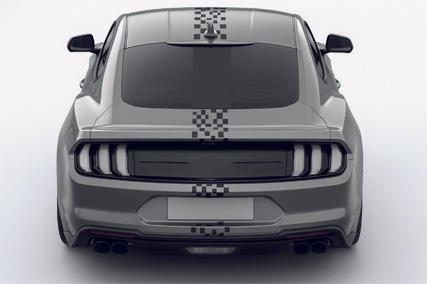 Front view of a gray car with checkered patterns on a white background