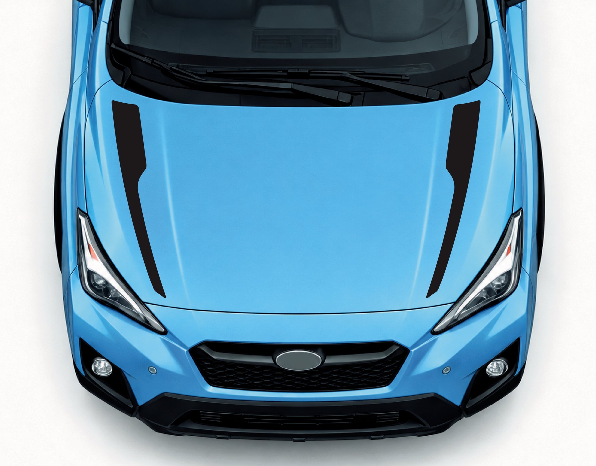 A top-down view of a light blue car hood featuring two black diagonal graphic decals on either side of the center hood ridge, set against a plain white background.