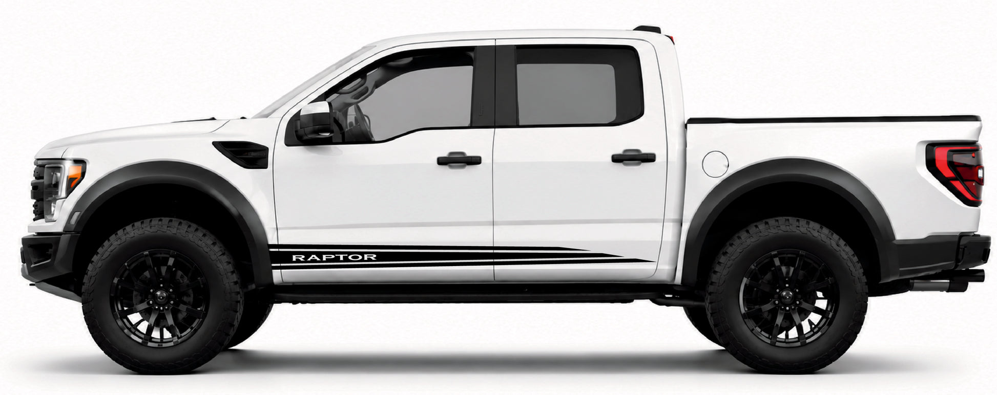 White Ford Raptor truck side view on a white background