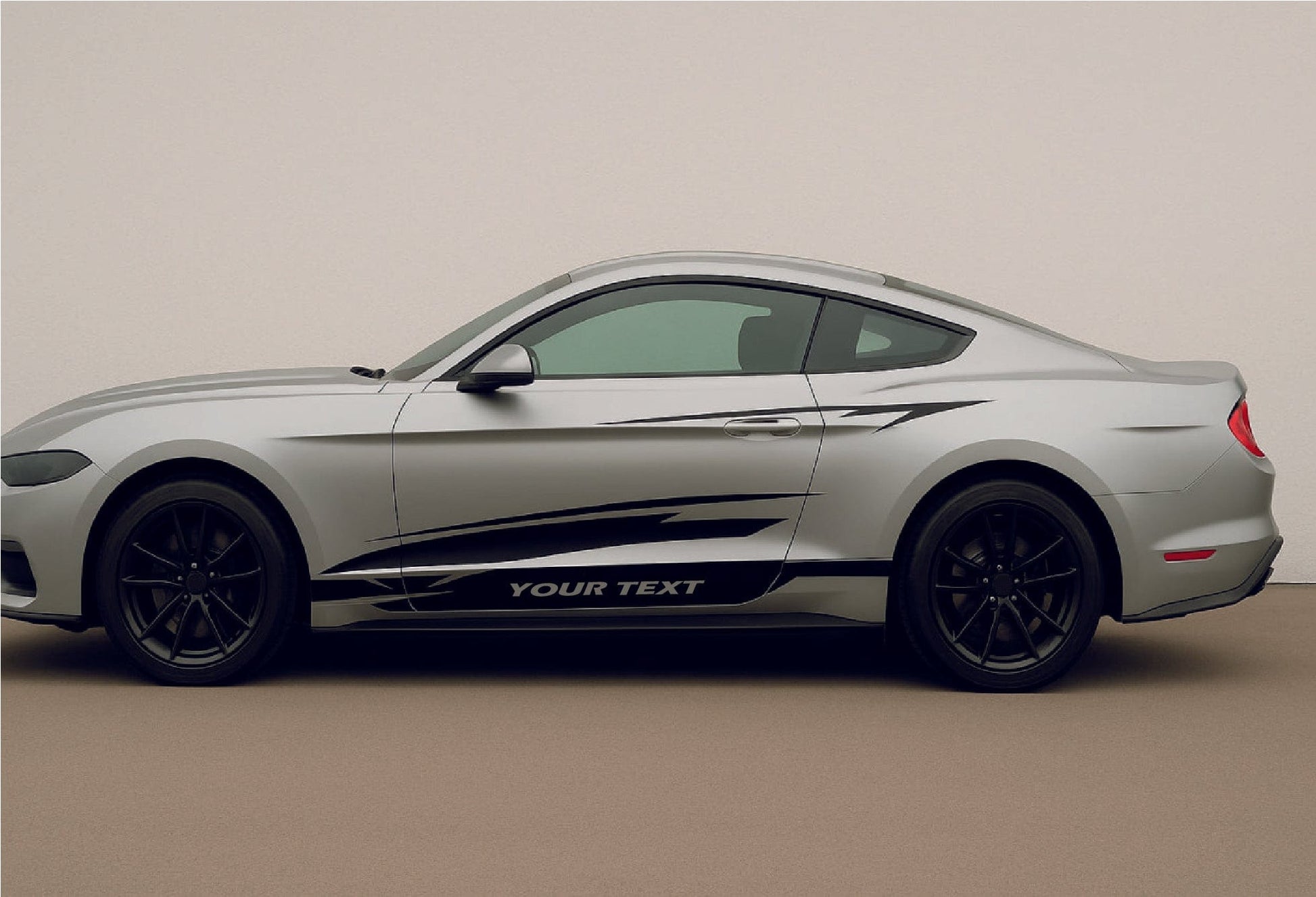 White car with customizable text on a beige background