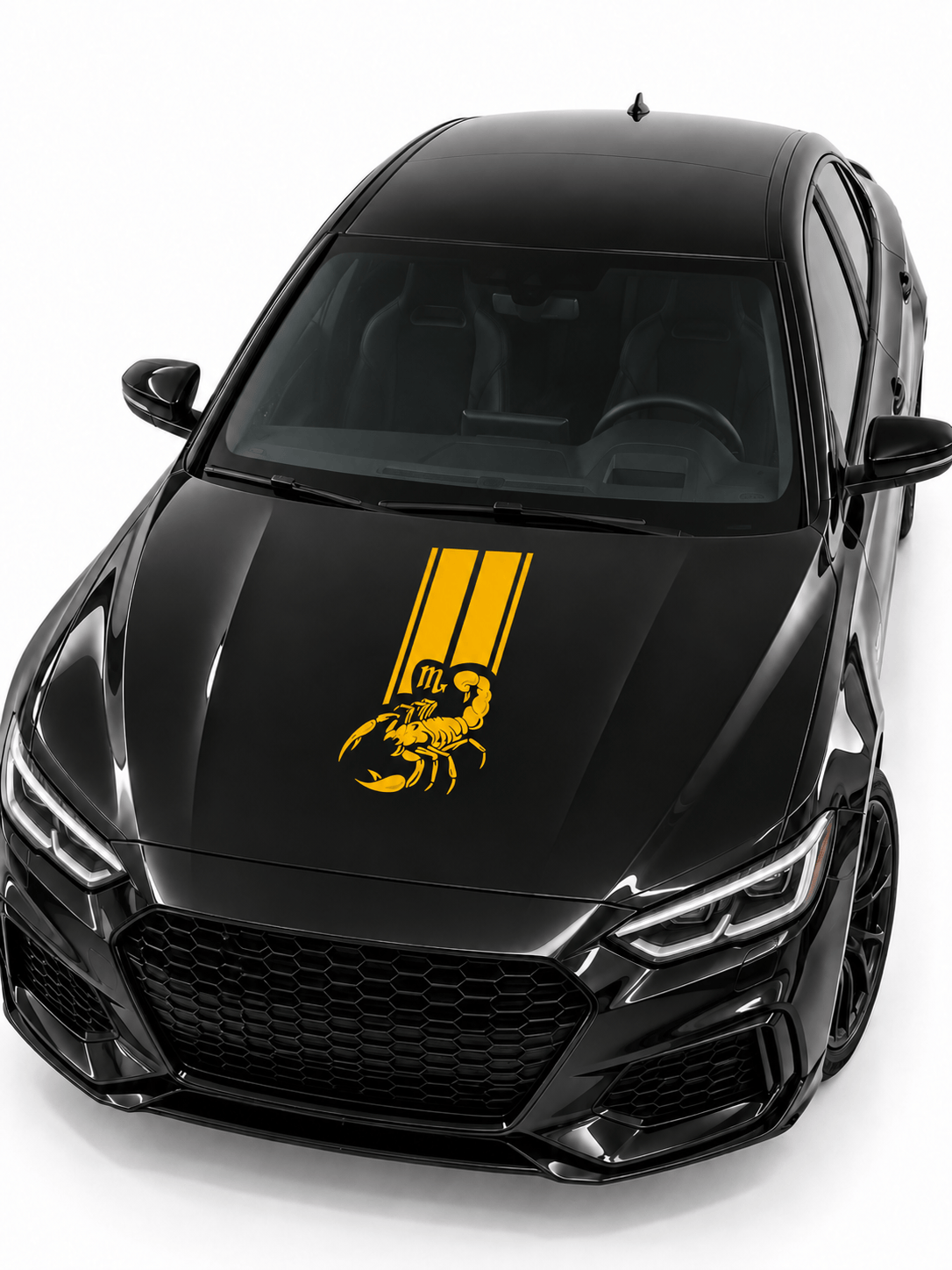 A black sedan shown from a high-angle front view on a white studio background, featuring a large yellow graphic decal on the hood with two vertical stripes and a scorpion illustration.