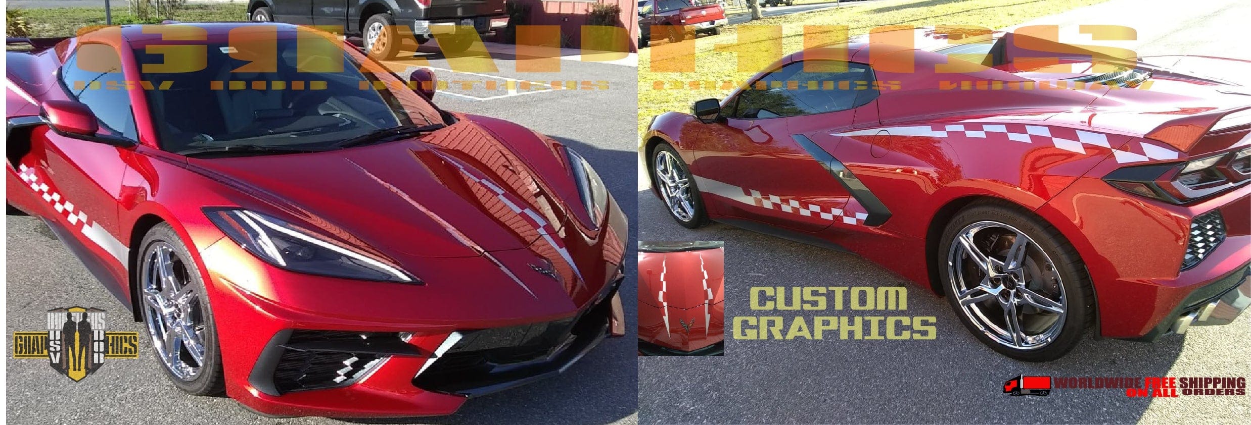 Red sports car with custom graphics on a road
