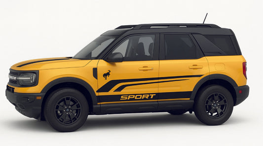 Yellow SUV with black roof and decals on a white background