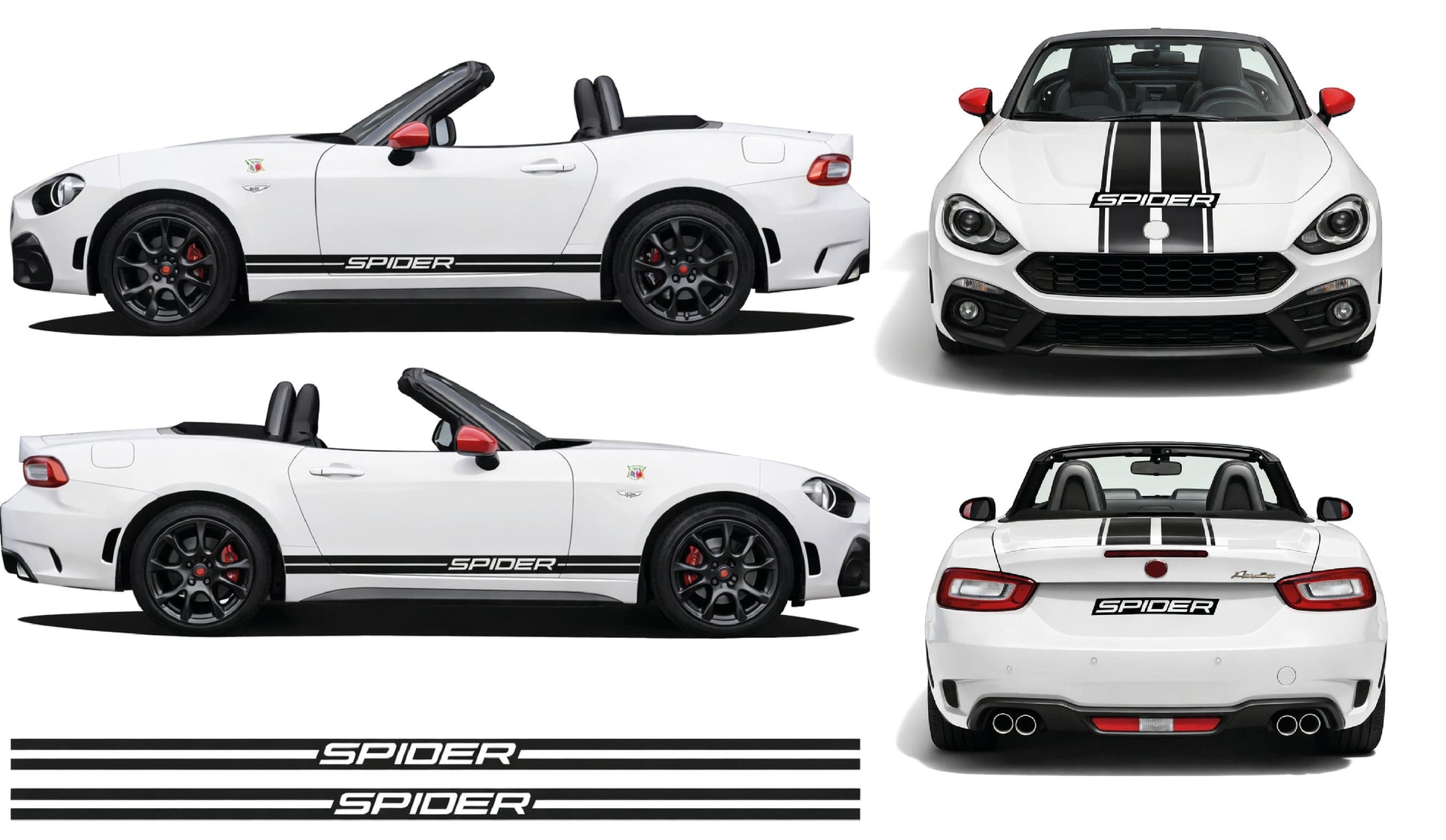 White sports car with 'Spider' branding shown from multiple angles.